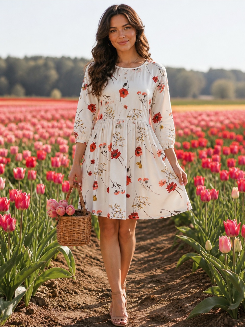 LARGE Cream Floral Babydoll Dress with Red & Pink Blooms Old Navy